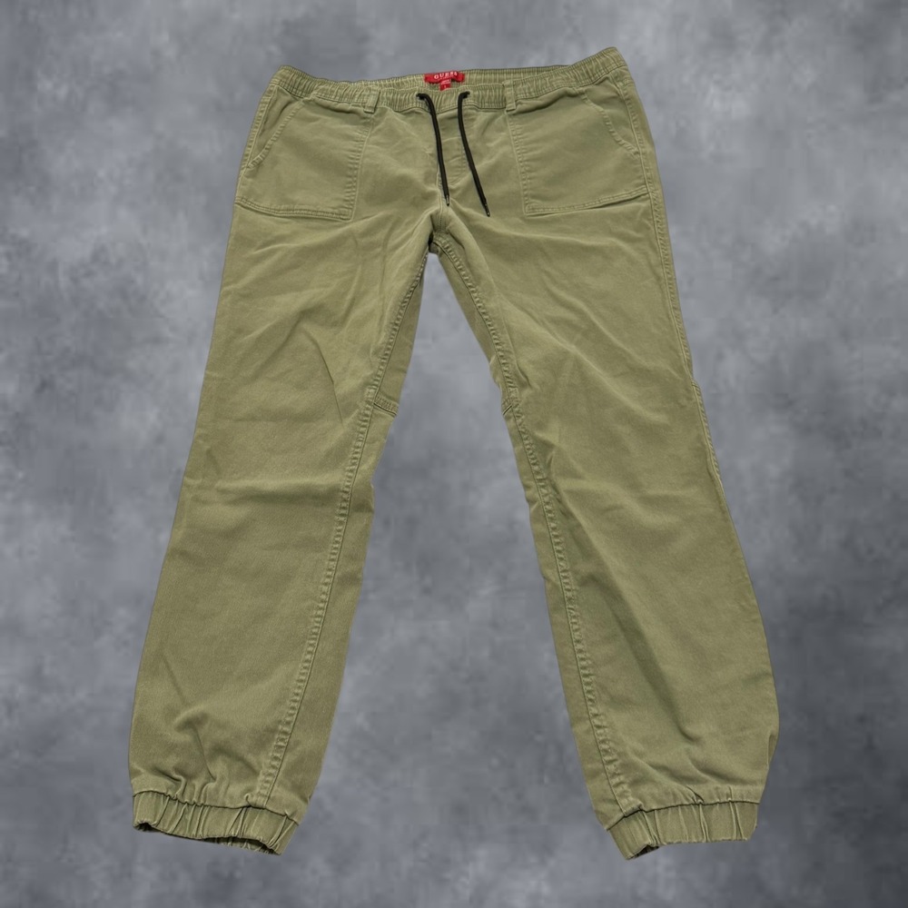 Guess Los Angeles Mens Olive Green Twill Jogger Pants Elastic Waist Size Large